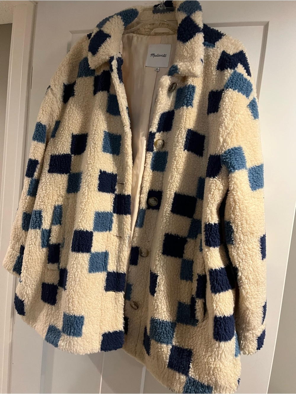 Madewell Cream Teddy Jacket with Navy and Light Blue Check